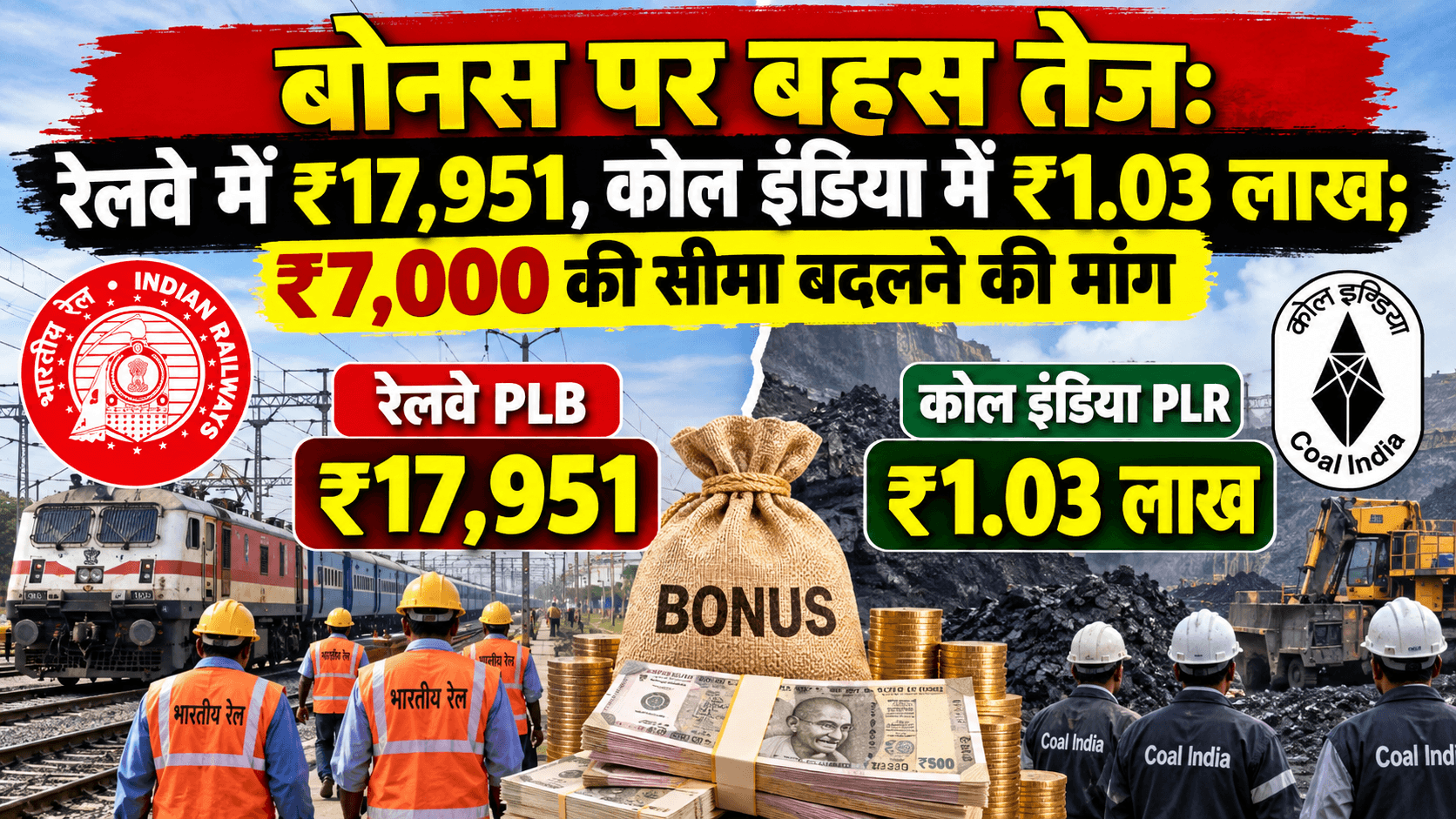 बोनस पर बहस तेज: रेलवे में ₹17,951, कोल इंडिया में ₹1.03 लाख; ₹7,000 की सीमा बदलने की मांग